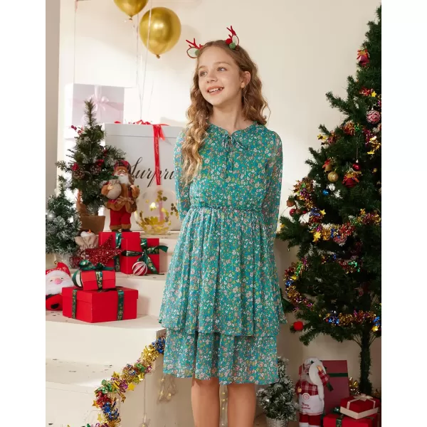 Girls Floral Long Sleeve Dress ALine Smocked Waist Holiday Dresses 512YearsGreen