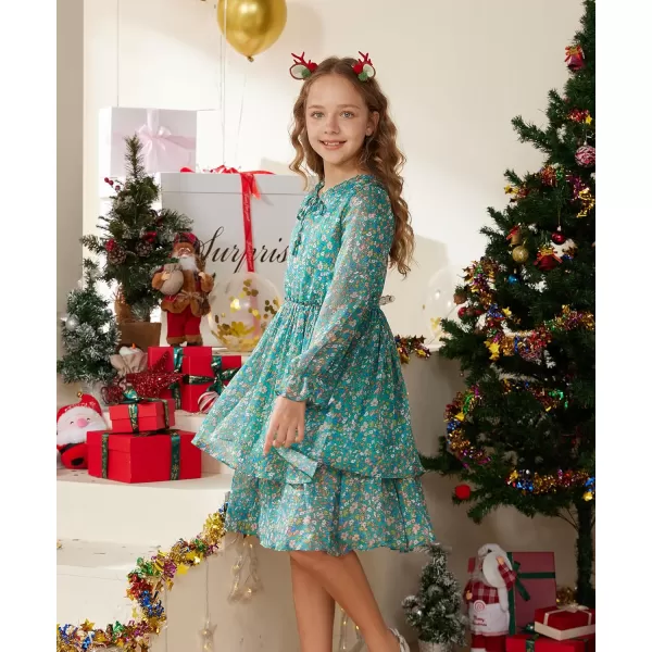 Girls Floral Long Sleeve Dress ALine Smocked Waist Holiday Dresses 512YearsGreen