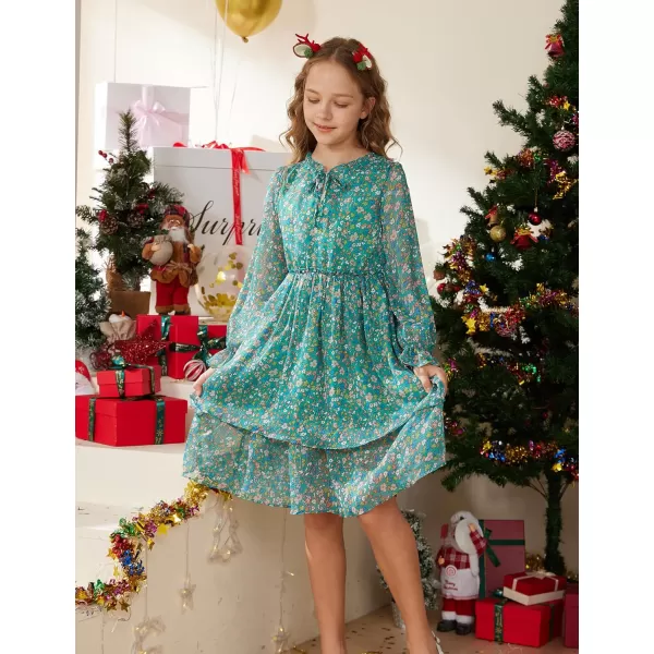 Girls Floral Long Sleeve Dress ALine Smocked Waist Holiday Dresses 512YearsGreen