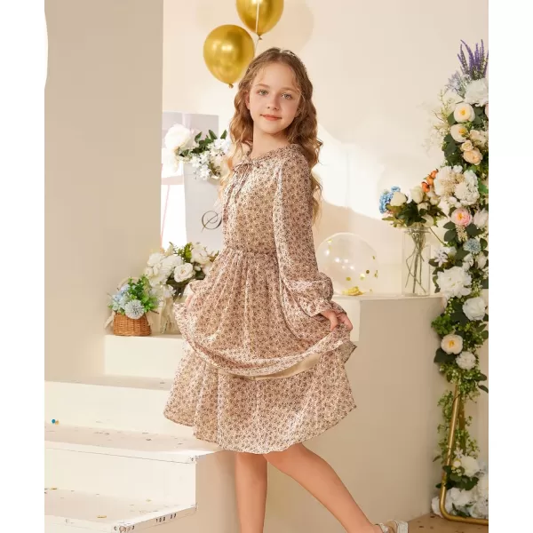 Girls Floral Long Sleeve Dress ALine Smocked Waist Holiday Dresses 512YearsKhaki