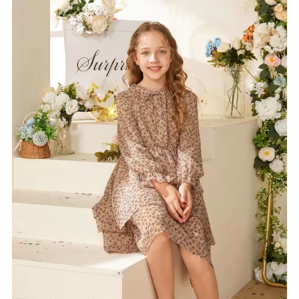 Girls Floral Long Sleeve Dress ALine Smocked Waist Holiday Dresses 512YearsKhaki