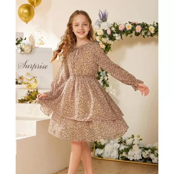 Girls Floral Long Sleeve Dress ALine Smocked Waist Holiday Dresses 512YearsKhaki