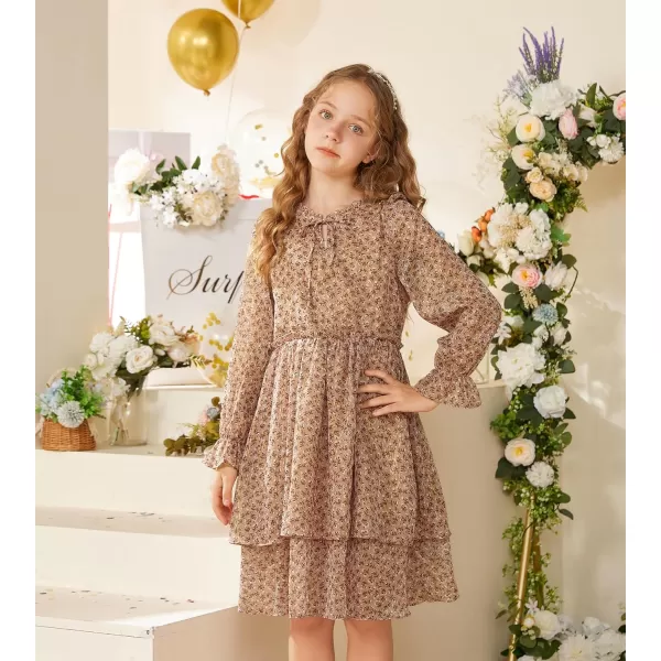 Girls Floral Long Sleeve Dress ALine Smocked Waist Holiday Dresses 512YearsKhaki