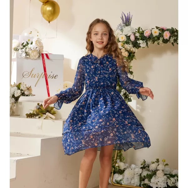 Girls Floral Long Sleeve Dress ALine Smocked Waist Holiday Dresses 512YearsNavy Blue