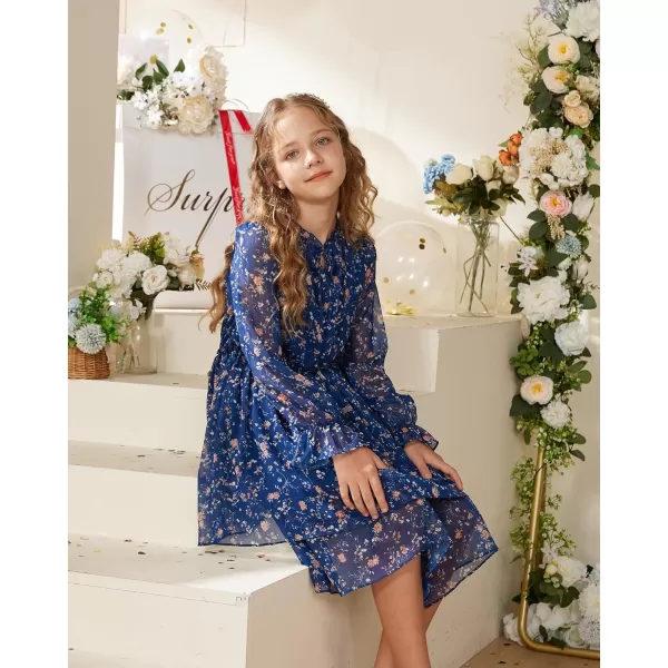 Girls Floral Long Sleeve Dress ALine Smocked Waist Holiday Dresses 512YearsNavy Blue