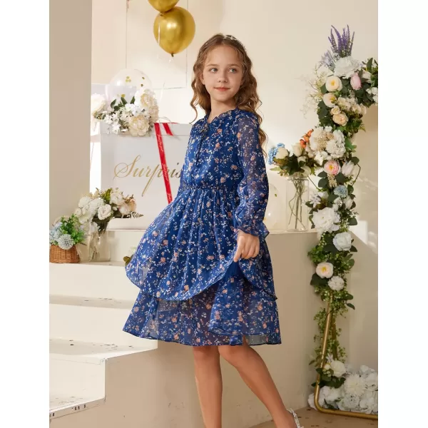 Girls Floral Long Sleeve Dress ALine Smocked Waist Holiday Dresses 512YearsNavy Blue