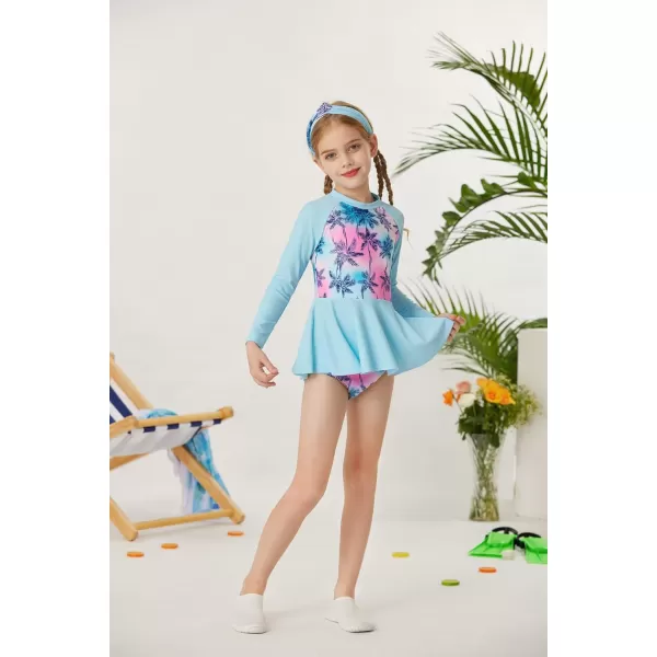 Girls Long Sleeve Swimsuit Floral Rash Guard Swimwear 4 Piece Bathing Suit Size 512Coconut Plam