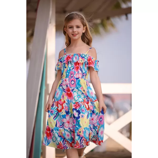 Girls Summer Dress Off Shoulder Ruffle Floral Spaghetti Strap Casual Sundress Tiered Midi DressBig Flower Pattern on White