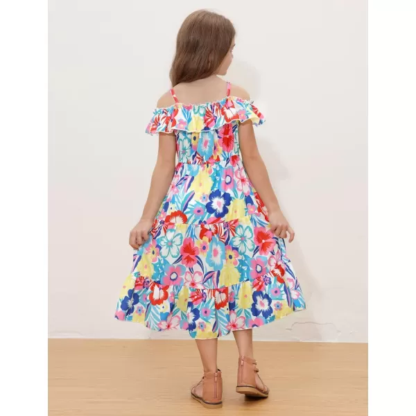 Girls Summer Dress Off Shoulder Ruffle Floral Spaghetti Strap Casual Sundress Tiered Midi DressBig Flower Pattern on White