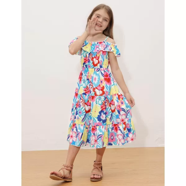 Girls Summer Dress Off Shoulder Ruffle Floral Spaghetti Strap Casual Sundress Tiered Midi DressBig Flower Pattern on White