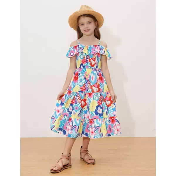 Girls Summer Dress Off Shoulder Ruffle Floral Spaghetti Strap Casual Sundress Tiered Midi DressBig Flower Pattern on White