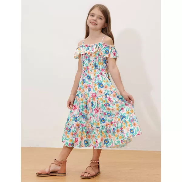 Girls Summer Dress Off Shoulder Ruffle Floral Spaghetti Strap Casual Sundress Tiered Midi DressFloral Pattern in White