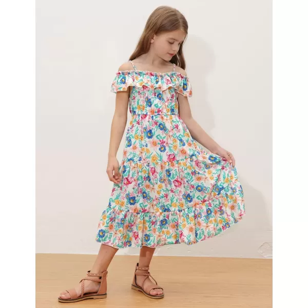 Girls Summer Dress Off Shoulder Ruffle Floral Spaghetti Strap Casual Sundress Tiered Midi DressFloral Pattern in White