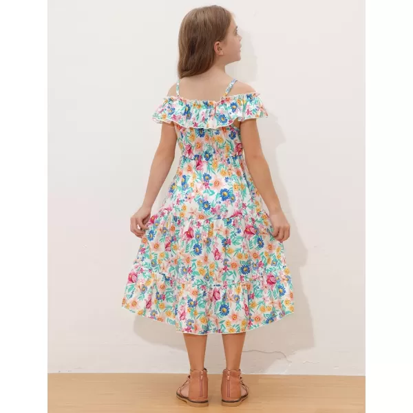 Girls Summer Dress Off Shoulder Ruffle Floral Spaghetti Strap Casual Sundress Tiered Midi DressFloral Pattern in White