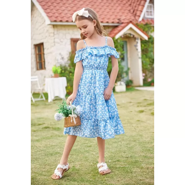 Girls Summer Dress Off Shoulder Ruffle Floral Spaghetti Strap Casual Sundress Tiered Midi DressFloral on Light Blue