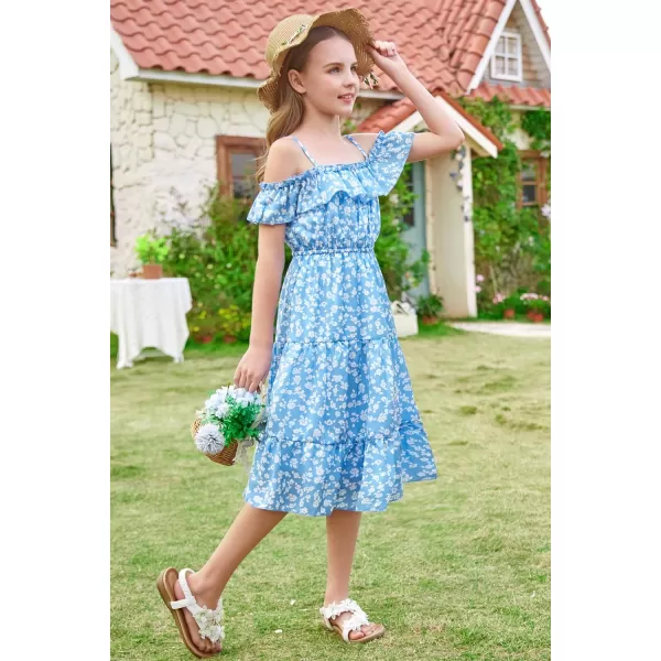 Girls Summer Dress Off Shoulder Ruffle Floral Spaghetti Strap Casual Sundress Tiered Midi DressFloral on Light Blue