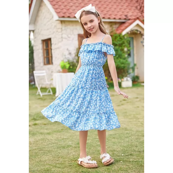 Girls Summer Dress Off Shoulder Ruffle Floral Spaghetti Strap Casual Sundress Tiered Midi DressFloral on Light Blue