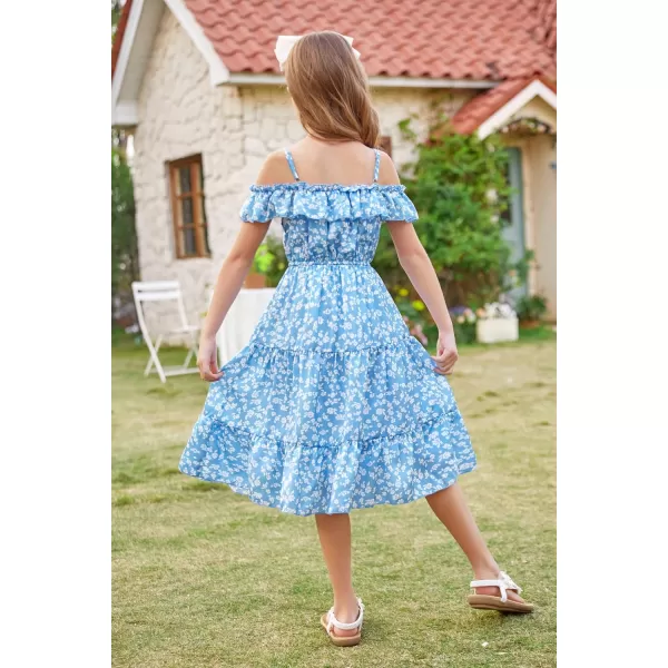 Girls Summer Dress Off Shoulder Ruffle Floral Spaghetti Strap Casual Sundress Tiered Midi DressFloral on Light Blue