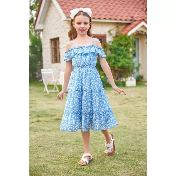 Girls Summer Dress Off Shoulder Ruffle Floral Spaghetti Strap Casual Sundress Tiered Midi DressFloral on Light Blue