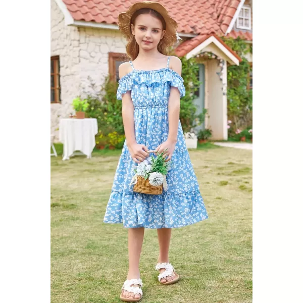 Girls Summer Dress Off Shoulder Ruffle Floral Spaghetti Strap Casual Sundress Tiered Midi DressFloral on Light Blue