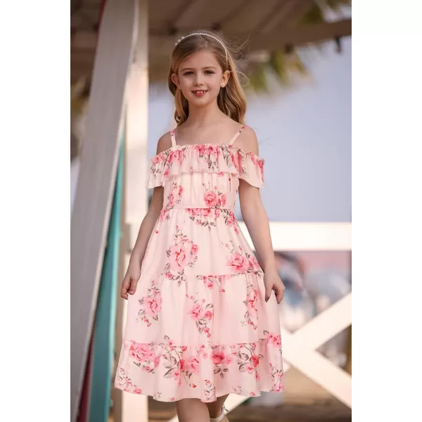 Girls Summer Dress Off Shoulder Ruffle Floral Spaghetti Strap Casual Sundress Tiered Midi DressFloral on Light Pink