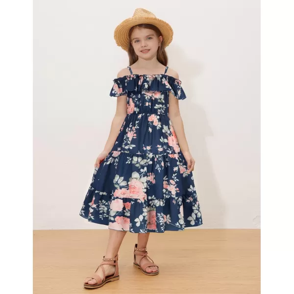 Girls Summer Dress Off Shoulder Ruffle Floral Spaghetti Strap Casual Sundress Tiered Midi DressFloral on Navy Blue