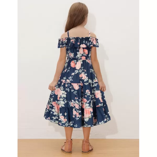 Girls Summer Dress Off Shoulder Ruffle Floral Spaghetti Strap Casual Sundress Tiered Midi DressFloral on Navy Blue