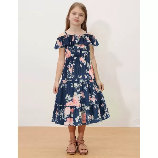 Girls Summer Dress Off Shoulder Ruffle Floral Spaghetti Strap Casual Sundress Tiered Midi DressFloral on Navy Blue