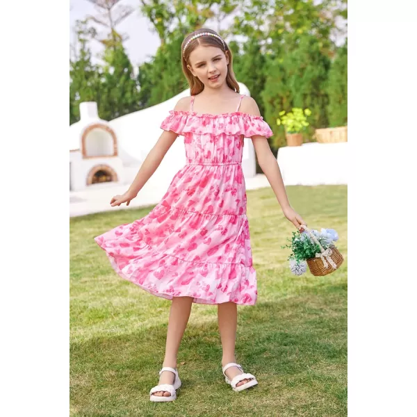 Girls Summer Dress Off Shoulder Ruffle Floral Spaghetti Strap Casual Sundress Tiered Midi DressHot Pink Heart