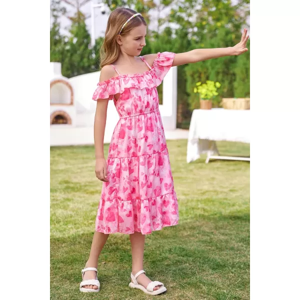 Girls Summer Dress Off Shoulder Ruffle Floral Spaghetti Strap Casual Sundress Tiered Midi DressHot Pink Heart