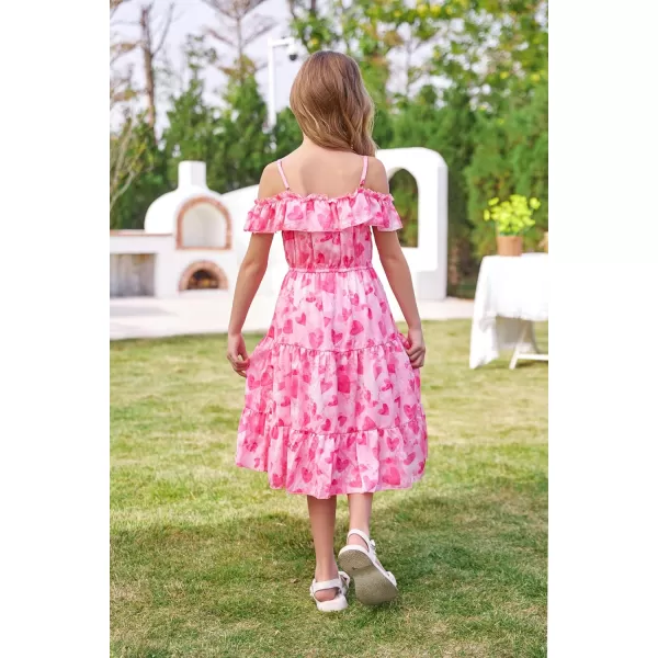 Girls Summer Dress Off Shoulder Ruffle Floral Spaghetti Strap Casual Sundress Tiered Midi DressHot Pink Heart