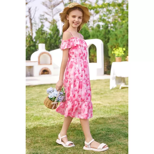 Girls Summer Dress Off Shoulder Ruffle Floral Spaghetti Strap Casual Sundress Tiered Midi DressHot Pink Heart