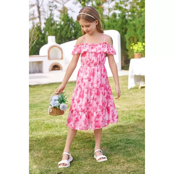 Girls Summer Dress Off Shoulder Ruffle Floral Spaghetti Strap Casual Sundress Tiered Midi DressHot Pink Heart