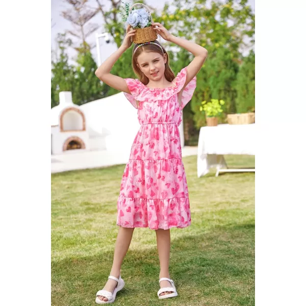 Girls Summer Dress Off Shoulder Ruffle Floral Spaghetti Strap Casual Sundress Tiered Midi DressHot Pink Heart