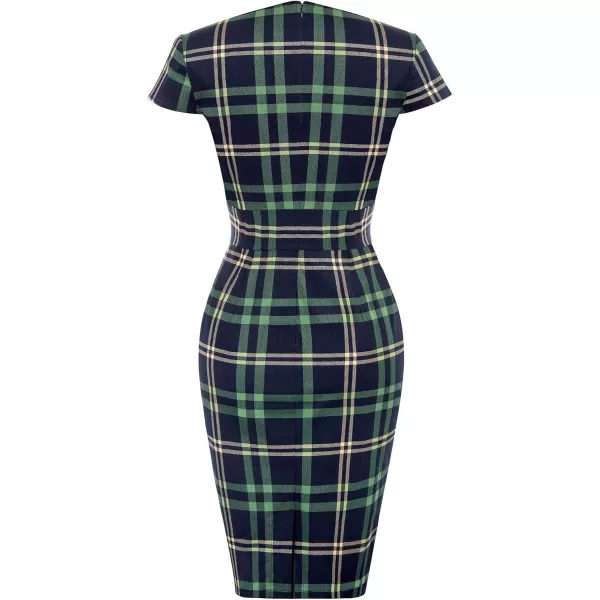 Grace Karin Womens 50s 60s Vintage Pencil Dress Bodycon Cap Sleeve DressBlue Green Plaid