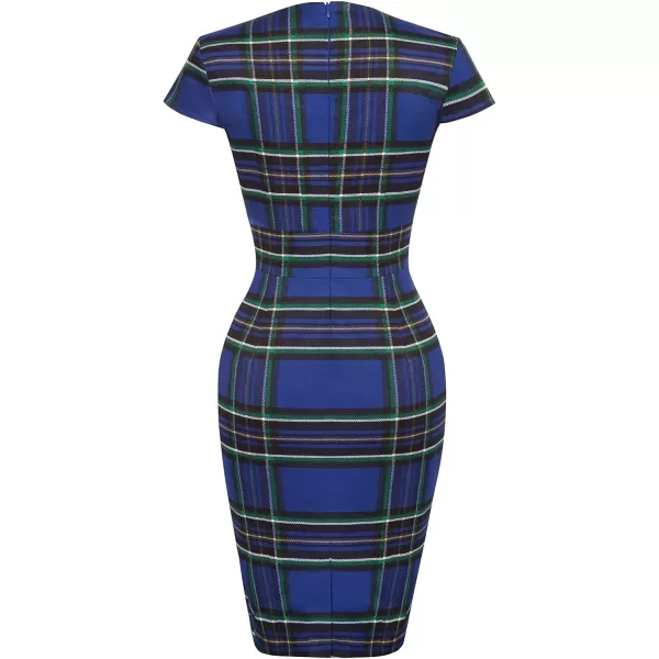 Grace Karin Womens 50s 60s Vintage Pencil Dress Bodycon Cap Sleeve DressBlue Plaid