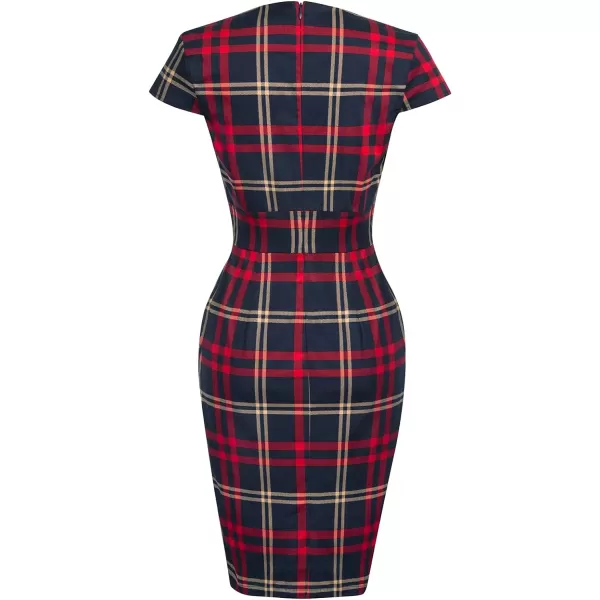 Grace Karin Womens 50s 60s Vintage Pencil Dress Bodycon Cap Sleeve DressBlue Red Plaid