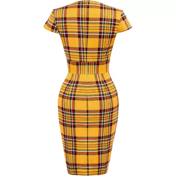 Grace Karin Womens 50s 60s Vintage Pencil Dress Bodycon Cap Sleeve DressYellow Plaid