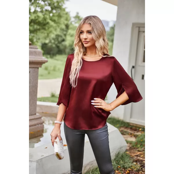 Women Casual Scoop Neck Loose Top 34 Sleeve Satin Chiffon Blouse TopsDark Red