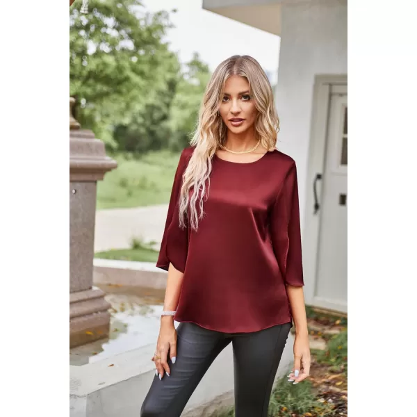 Women Casual Scoop Neck Loose Top 34 Sleeve Satin Chiffon Blouse TopsDark Red