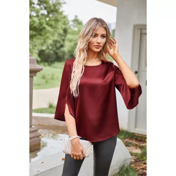 Women Casual Scoop Neck Loose Top 34 Sleeve Satin Chiffon Blouse TopsDark Red