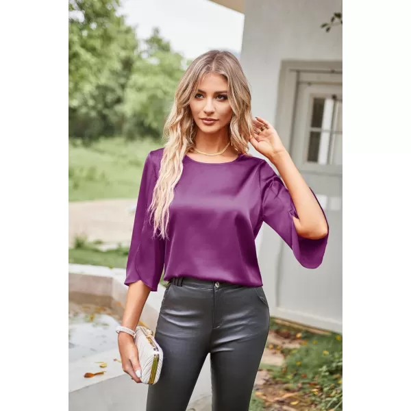 Women Casual Scoop Neck Loose Top 34 Sleeve Satin Chiffon Blouse TopsRose Purple