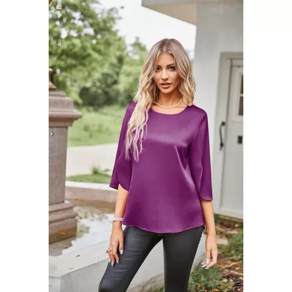 Women Casual Scoop Neck Loose Top 34 Sleeve Satin Chiffon Blouse TopsRose Purple