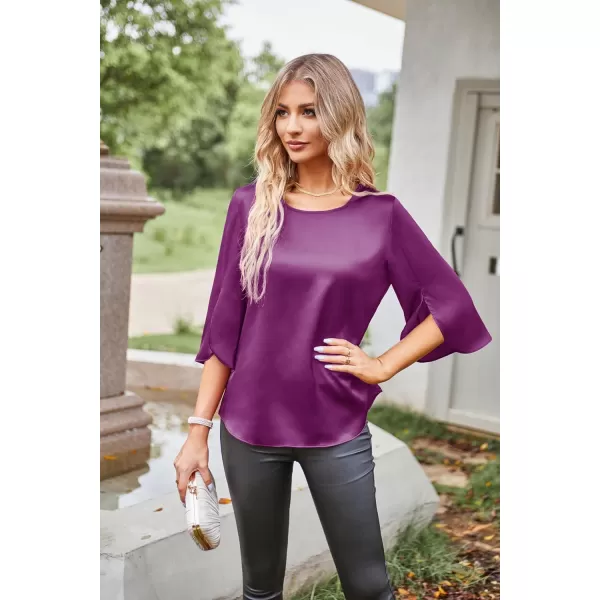 Women Casual Scoop Neck Loose Top 34 Sleeve Satin Chiffon Blouse TopsRose Purple