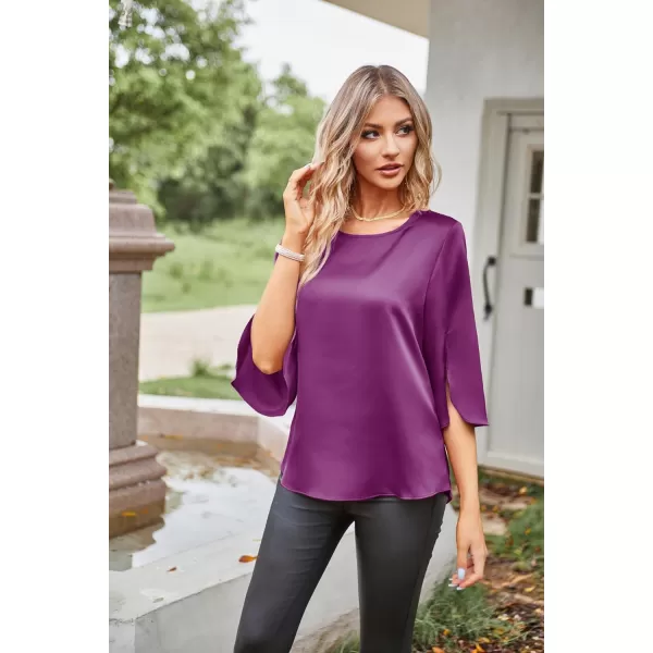 Women Casual Scoop Neck Loose Top 34 Sleeve Satin Chiffon Blouse TopsRose Purple