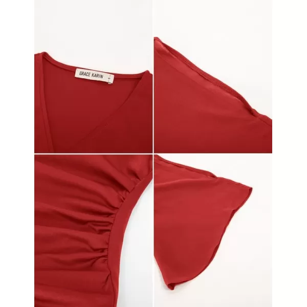 Women Chiffon 34 Sleeve Elegant Blouse Tops V Neck Wrap Stretch Flattring Casual Party Tops Red LWomen Chiffon 34 Sleeve Elegant Blouse Tops V Neck Wrap Stretch Flattring Casual Party Tops Red L