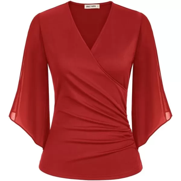 Women Chiffon 34 Sleeve Elegant Blouse Tops V Neck Wrap Stretch Flattring Casual Party Tops Red LWomen Chiffon 34 Sleeve Elegant Blouse Tops V Neck Wrap Stretch Flattring Casual Party Tops Red L