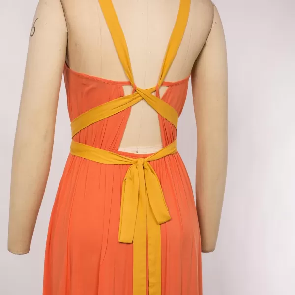 Women Cross Back Aline Dress Sleeveless Halter V Neck Ruffle Long Dress Orange SWomen Cross Back Aline Dress Sleeveless Halter V Neck Ruffle Long Dress Orange S