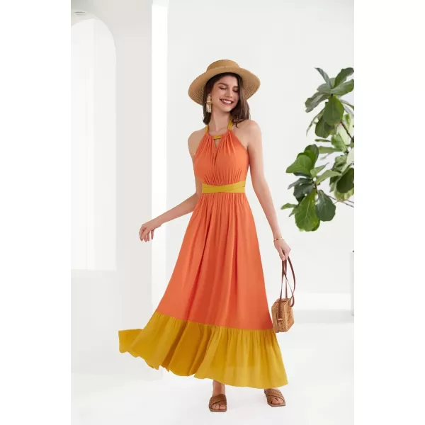 Women Cross Back Aline Dress Sleeveless Halter V Neck Ruffle Long Dress Orange SWomen Cross Back Aline Dress Sleeveless Halter V Neck Ruffle Long Dress Orange S