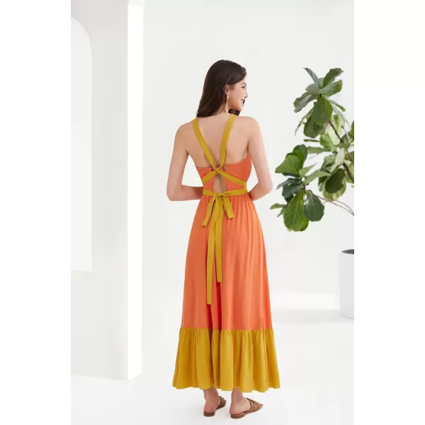 Women Cross Back Aline Dress Sleeveless Halter V Neck Ruffle Long Dress Orange SWomen Cross Back Aline Dress Sleeveless Halter V Neck Ruffle Long Dress Orange S
